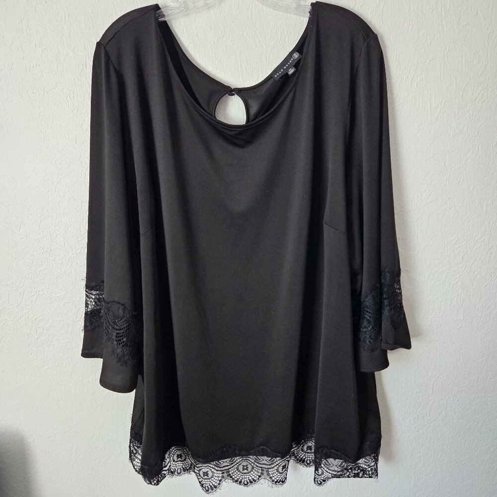 Ryan Wyeth Black Top With 3/4 Sleeves, Lace Inset, Eyelash Lace Trim Size 4X